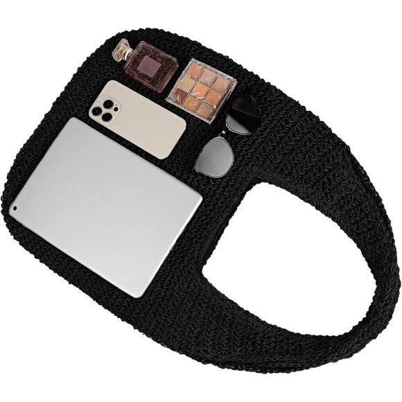 Women's Black Large Straw Beach Bag Handmade Woven Shoulder Hobo Tote Handbag - Picture 4 of 6